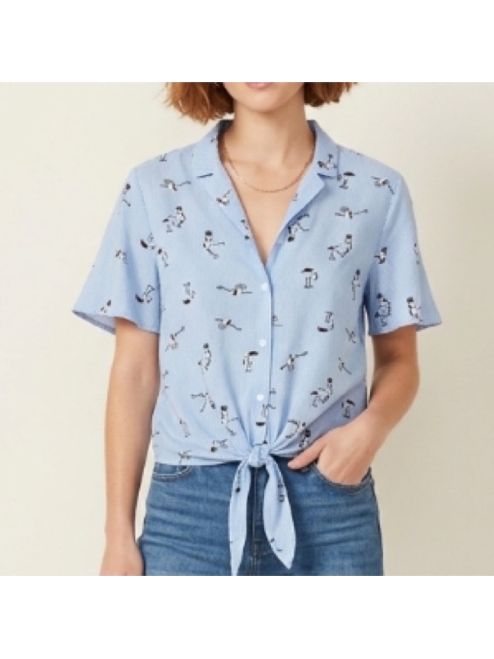 Monteau Bird Crane Print Blouse Size Large Tie Front Blue Button Up